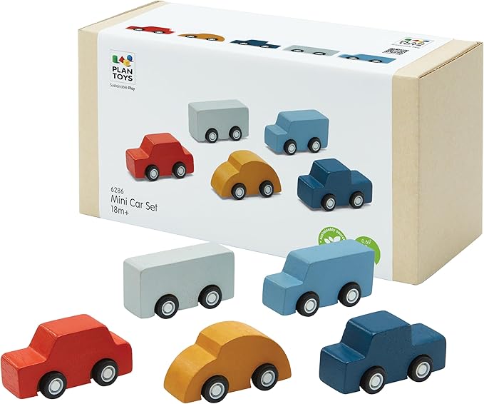 PlanToys® Mini Car Set Wooden Montessori Vehicle Set | Early Movement, Imagination and Practical Life Exploration | Eco Friendly Mini Car Set for Indoor and Outdoor Play