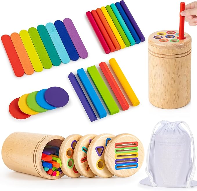 Montessori Toys for 3 4 5 Year Old, 4 in 1 Wooden Color Sorting Toys, Preschool Learning Activities Fine Motor Skills Sensory Toys for Toddlers by LILUONGS