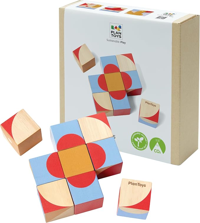 PlanToys® Wooden Geo Pattern Cubes Montessori Puzzle Kids STEM Learning Toy by PlanToys