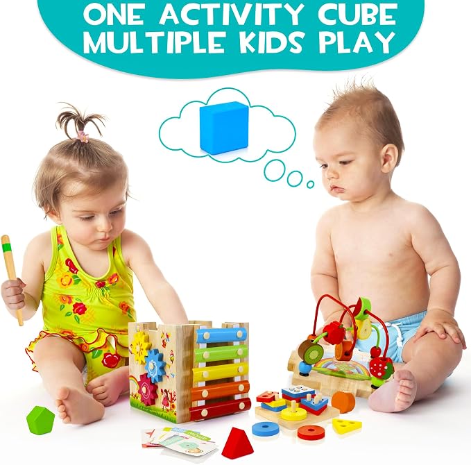 HELLOWOOD 8-in-1 Wooden Activity Cube for Kids, Sorting & Stacking Toys - Image 5