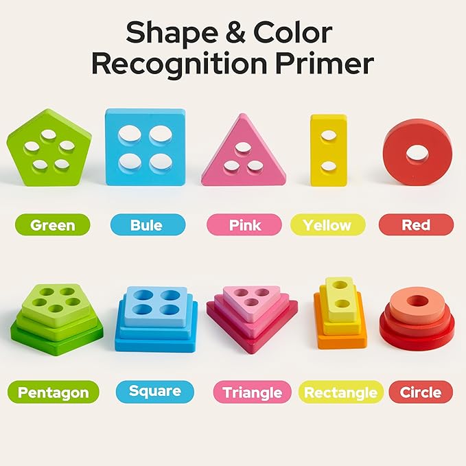 lalalark Montessori Toys for 1 2 3 Year Old Boy Girl, Wooden Sorting & Stacking Toys, Shape Sorter Baby Toy, Educational Sensory Toys for Kids, Wooden Blocks for Toddler 1-3, Christmas Birthday Gifts