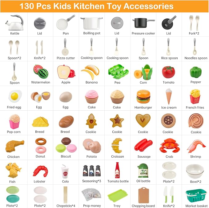 130Pcs Kitchen Playset, Toddler Pretend Cooking Play Pots, Pans, Utensils Cookware, Daily Food Fruit Veges, Shopping Storage Basket, Dessert, Prop Money, Learning Gift for Child (White) - Image 2