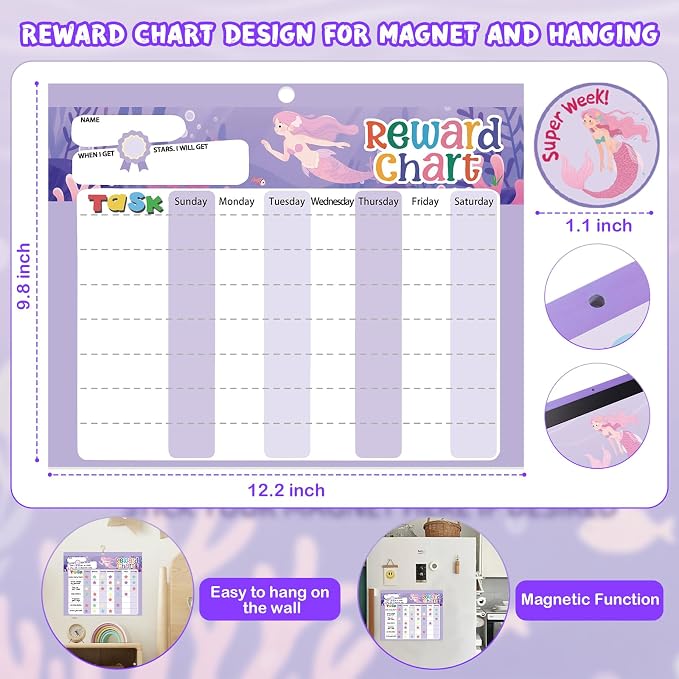 Magnetic Reward Chart for Kids at Home, Behavior Chart Pad with 26 Chore Charts, 1680 Star Stickers, 84 Motivational Stickers to Develop Responsibility & Good Habits (Mermaid) - Image 4