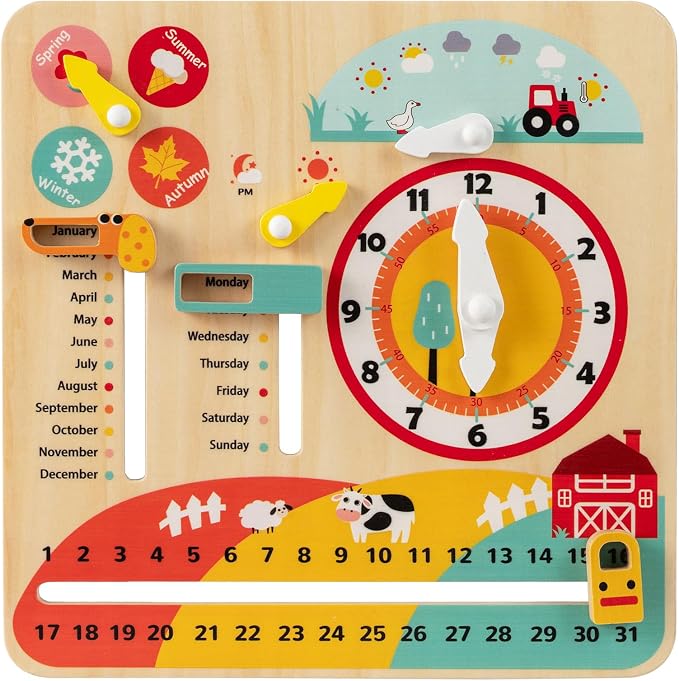 Costzon Montessori Kids Daily Learning Clock Toy, Wooden Educational Learning Clock Toy About Season, Weather, Day, Night, Month, Week & Date, Toddlers Daily Calendar for Preschool Boys Girls Aged 3+ by Costzon