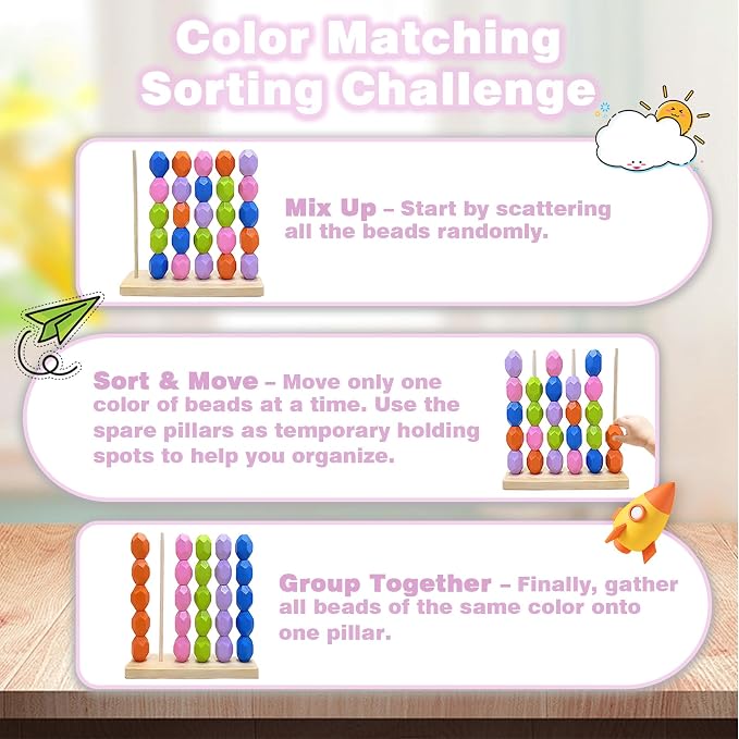 4-in-1 Wooden Bead Sequencing Sorting Toy for Toddler 3+ - Image 5