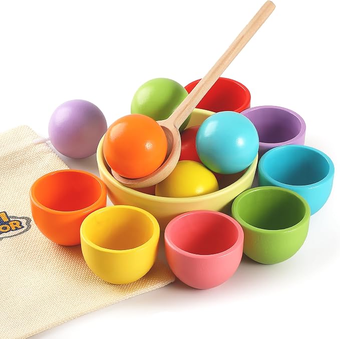 Montessori Larger Ball in Cup Color Sorting Toy for Toddlers Wooden Rainbow Ball Color Matching Toy - 7, 46mm by Unknown