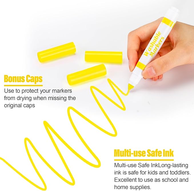 Janlaugh 36 Pcs Yellow Washable Markers Bulk Coloring Broad Line Markers for Kids Conical Tip Drawing Pen for Christmas, School Supplies, Travel Art Baby Shower Gender Reveal Party Supplies, Ages 6+