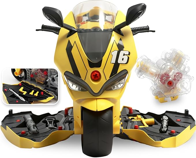 Take Apart Motorcycle Toys Kit, Motorcycle Model Toys for Kids Mechanic,Motorcycles Toy with Light, Sound & Spray for Toddlers 3+ Kids,Interactive Toy Engine Building Kit, Yellow