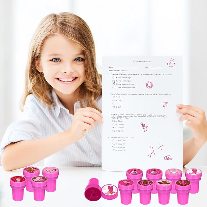 Cinrobiye 24 Pcs Pink Western Cowgirl Stampers Party Favor Set, Cute Cowboy Cowgirl Stamps for Kids Birthday Party, Classroom Rewards, Carnival Prizes, Goody Bag Fillers, Western Rodeo Party Supplies - Image 5