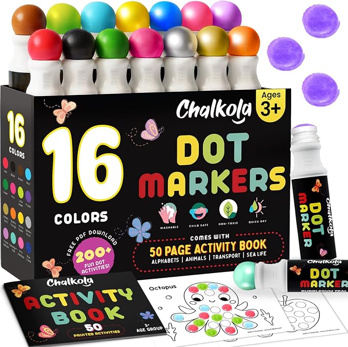 Chalkola 16 Washable Dot Markers for Toddlers 1-3 - Kids Paint Dot Art Set by Chalkola