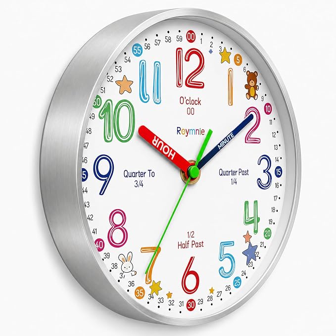 Roymnie Wall Clock Learning Non-Ticking Battery Operated Silent Colorful - Image 8