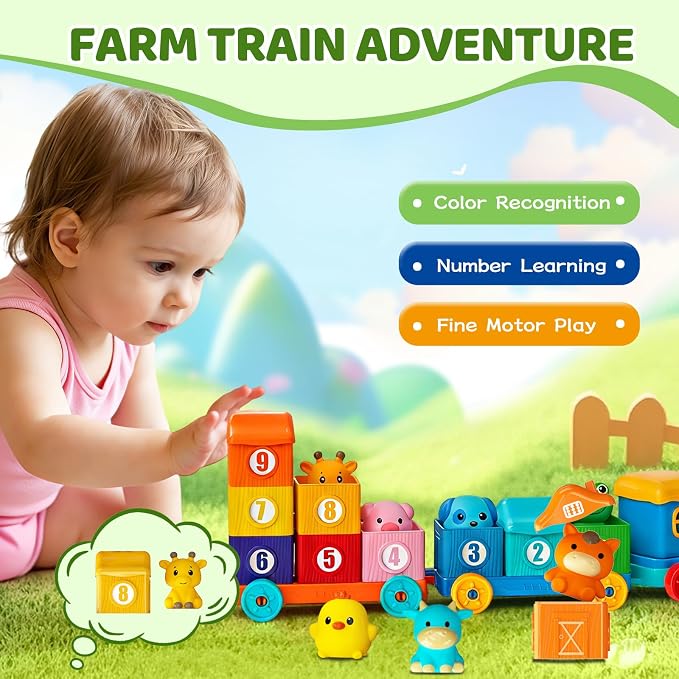 Toddler Learning Toys for 1 2 3 Year Old, Counting Matching & Sorting Montessori Train Set with 9 Farm Animals Finger Puppets, Birthday Gift for Baby Boys Girls - Image 4