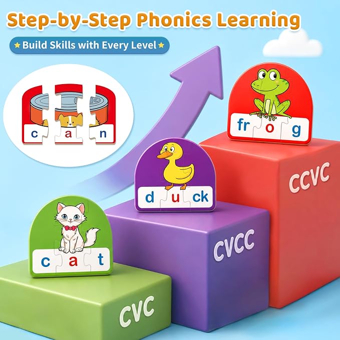 Phonics & Word Puzzle Cards for Kids 3+, 2 in 1 CVC & CVCC - Image 2