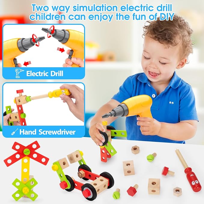 Kids Tool Set Toy with Drill, Stem Montessori Toys for 3 4 5 Years Old Boy Girl, 44 Pcs Wooden Toddler Tool Kits Inc Box, Learning Educational Construction Toy (Pack of 3) - Image 2