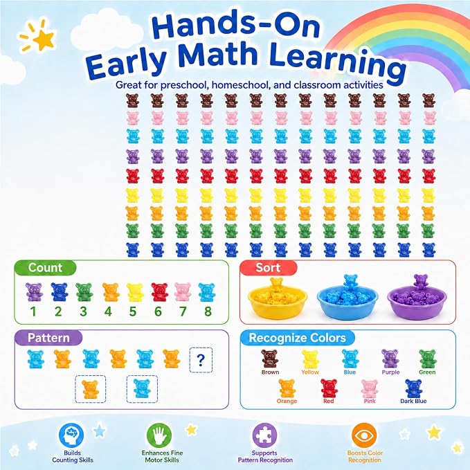 XINHUIDALSQ 180 Pcs Counting Bears, 0.62'' 9 Colors Rainbow Counting Mini Bears, Plastic Sorting Bear Counters Math Manipulatives for Ages 3+ Kids, Back to School Supplies - Image 6