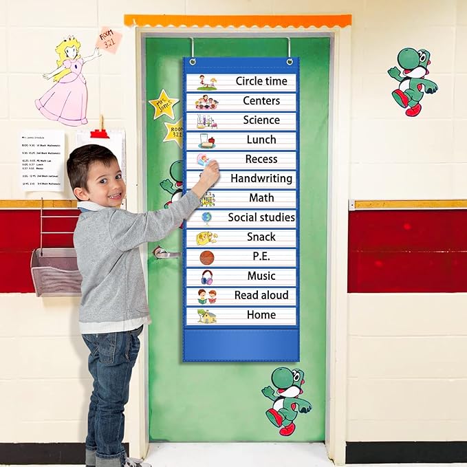 AKAYOK -13+1 Pocket Daily Schedule Pocket Chart, Ultra-Durable Visual Schedule for Kids -Pocket Chart for Classroom Office Home -Reusable Daily Schedule for Kids -Reversible Chart for Sentence Strips - Image 2