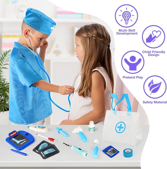 Doctor Kit for Kids, 17 Pcs Medical Play Set with Bag and Dress Up Costume for Toddlers 3-5, Pretend Play Toys for Kids Boys and Girls, Halloween Christmas Birthday Gifts