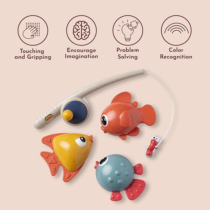 Tolo Bio Funtime Fishing Set | Eco-Friendly Bath Toy for Toddlers | Magnetic Fishing Rod, 3 Bubble-Blowing Fish, Worm | Skill-Building Water Play | Durable, Safe, Sustainable Material | Ages 18M Up