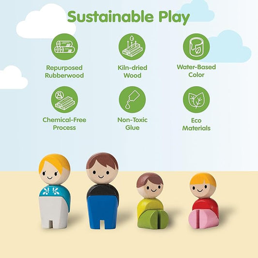 PlanToys® PlanWorld Family Set | 4 Wooden Poseable Figures for PlanCity & PlanWorld Playsets | Montessori Pretend Play Family with Flexible Arms & Legs | Eco-Friendly Sustainable Wooden Toy for Kids