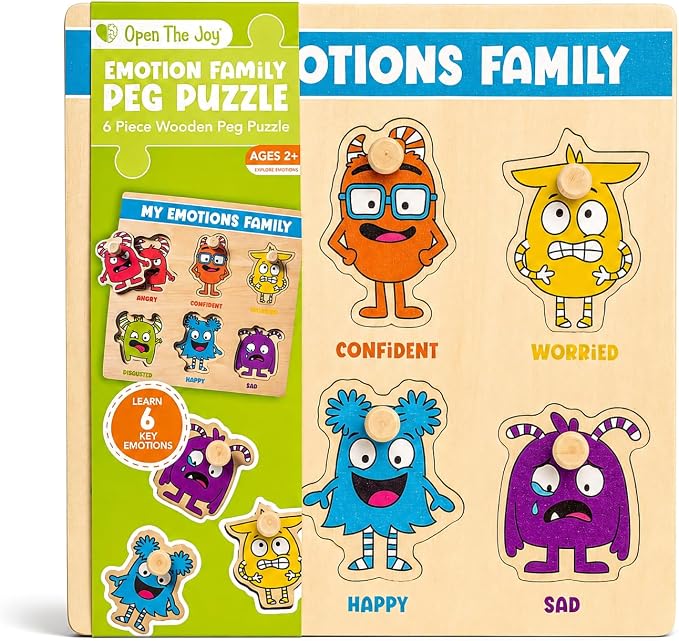 Open The Joy My Emotions Family Peg Puzzle – Emotional Recognition & Social Skills Puzzle for Kids | Montessori-Style Wooden Puzzle with 6 Emotion Pieces | Ages 4+ by OpenTheJoy