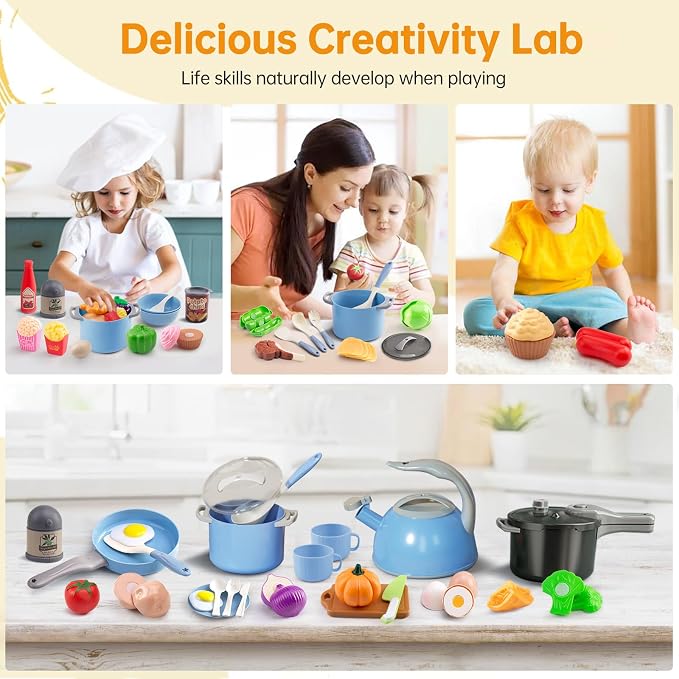 100Pcs Kitchen Playset, Kids Pretend Cooking Play Pots, Pans, Utensils, Cookware, Toy Food Fruits Veggies, with 2 Large Apple - Shaped Storage, Toddler Cooking Learning Gift (Blue - Image 7