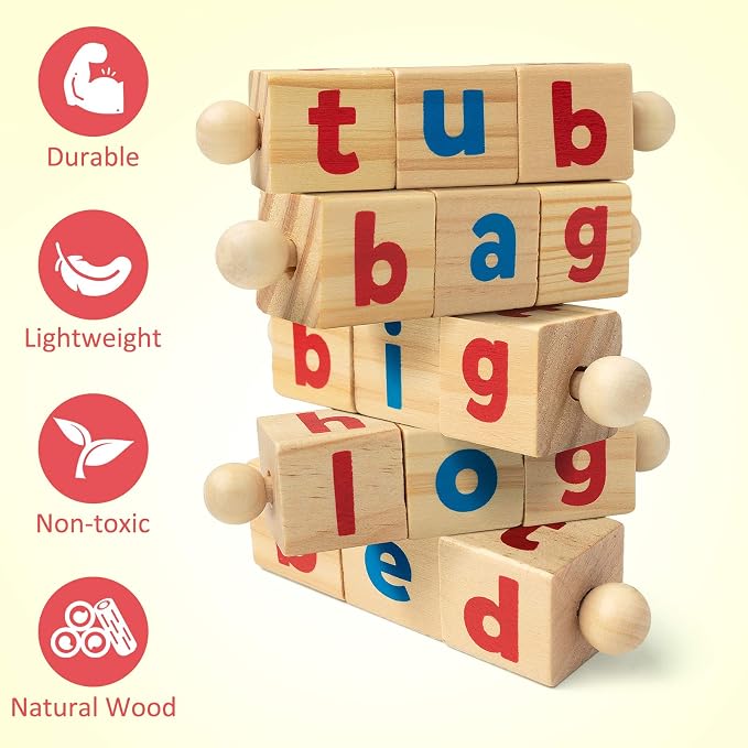 Coogam Wooden Reading Blocks Short Vowel Rods Spelling Games, Flash Cards Turning Rotating Letter Puzzle for Kids, Site Words Montessori Spinning Alphabet Learning Toy for Preschool Boys Girls - Image 5