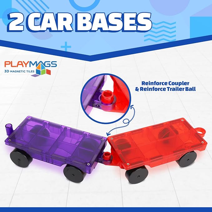 Playmags Magnetic Car Set (2 Pieces) – Strong Magnet Car Bases for Magnetic Tiles, STEM Building Toy Accessories for Kids, Compatible with Magnetic Blocks, Durable Wheels, Creative Play Add-On - Image 3