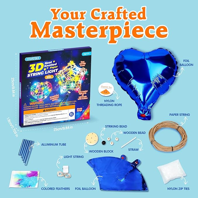 CHARTEKS 3D String Light Craft Kit for Kids, String Art Kit with LED Bulbs and Wind Chime, Arts and Crafts Set, Birthday Gifts for Girls Boys Ages 8+ (SNL, Paper String)