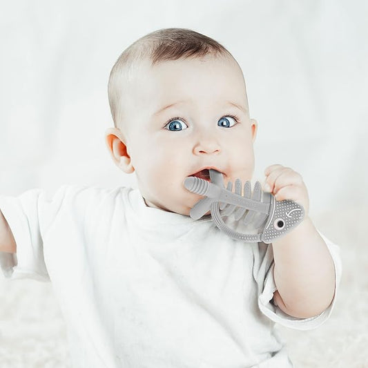 Infant Toys, Teething Toys for Babies 0-6 Months, Baby Teether 3D Fish Hand Pacifier Silicone, Soft-Textured Newborn Infants Baby Toys for Teething Relief 6-12 Months, USA Patent Pending(Grey)