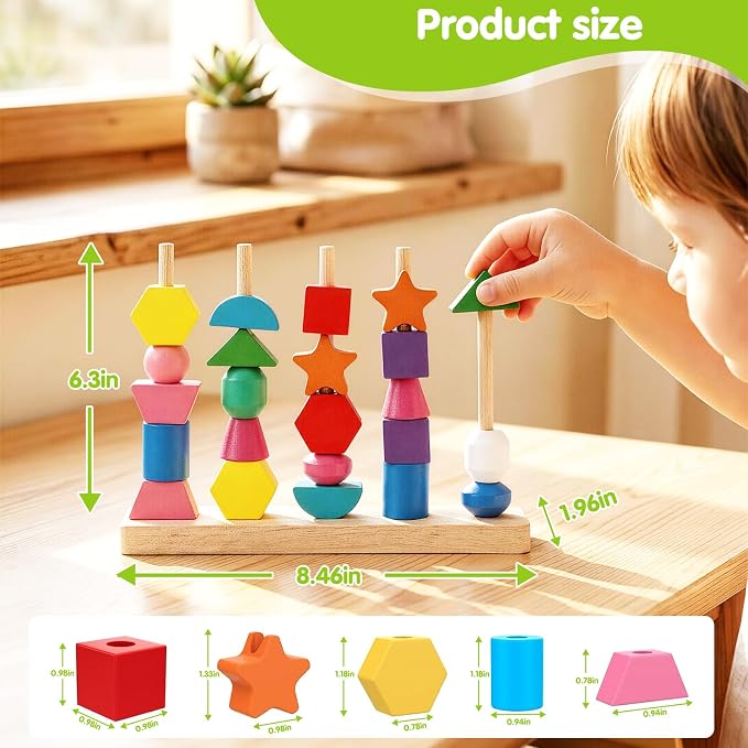 Montessori Wooden Threading Beads Set for Toddlers 3 4 5, Bead Sequencing & Stacking Toy with Pattern Cards, Lacing Beads, Shape Matching Stacker, Fine Motor STEM Learning Gift - Image 6