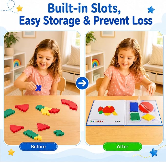 PRE-WORLD Pattern Blocks, 30 Pcs Interlocking Geometric Puzzle Kids 3+,IQ Puzzle Book, 101 Patterns, Non-Toxic Plastic, Math & Geometry Learning, Portable Storage for Home, Travel, Classroom - Image 8