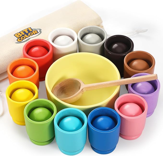 Ball in Cup Montessori Wooden Rainbow Color Sorting Toy for Toddlers - Preschool Color Matching - 12 Balls 40mm by Unknown