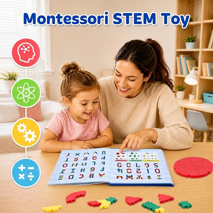 PRE-WORLD Pattern Blocks, 30 Pcs Interlocking Geometric Puzzle Kids 3+,IQ Puzzle Book, 101 Patterns, Non-Toxic Plastic, Math & Geometry Learning, Portable Storage for Home, Travel, Classroom - Image 7