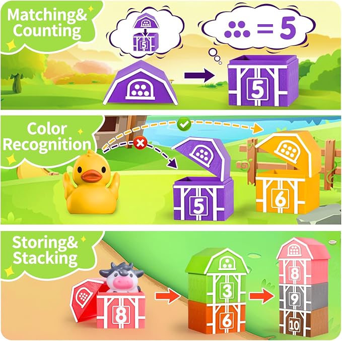 Oriate Farm Animal Learning Toys for Toddlers 1,2,3 Year Old, 20Pcs Farm Animals Montessori Toy for Counting Sorting Color Recognition & Matching, Finger Puppets & Stacking Toys 12M+ - Image 3