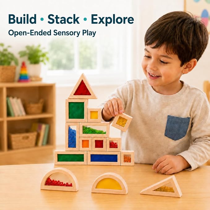 15-Piece Rainbow Sensory Wooden Building Blocks, Stacking Toys for Toddlers - Image 3