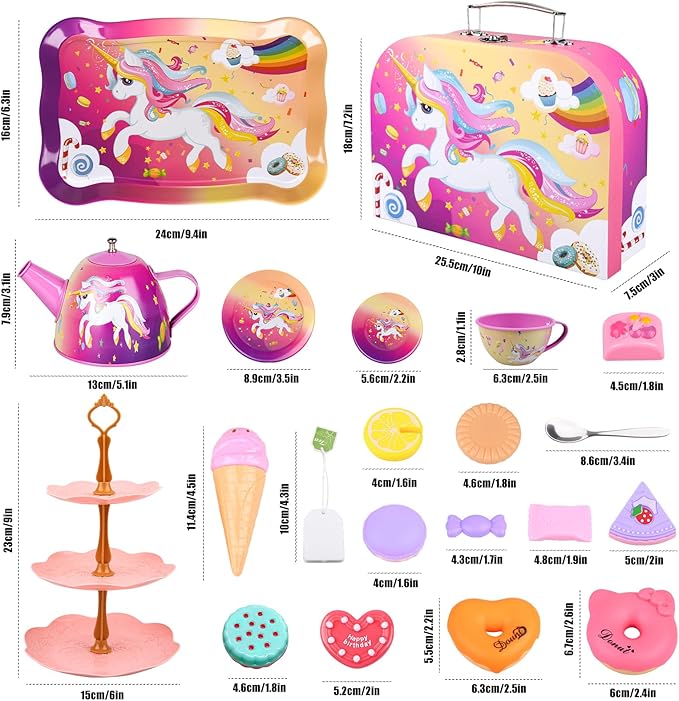 Auney Tea Party Set Toys for Girls, Tin Unicorn Tea Set Pretend Play Girls Toys Gifts for Age 3-6, Kids Toys Gifts for Toddlers Including Carrying Case (New Unicorn)