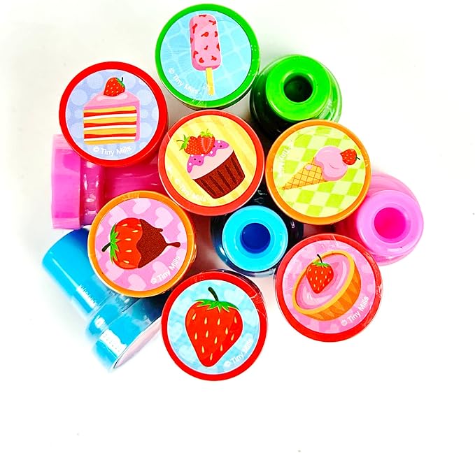 TINYMILLS 24 Pcs Strawberry Themed Assorted Stamps for Kids Self Ink Stamps (12 Different Designs) Strawberry Party Favors, Strawberry Goody Bag Fillers, Carnival Gifts, Farm Party Favors