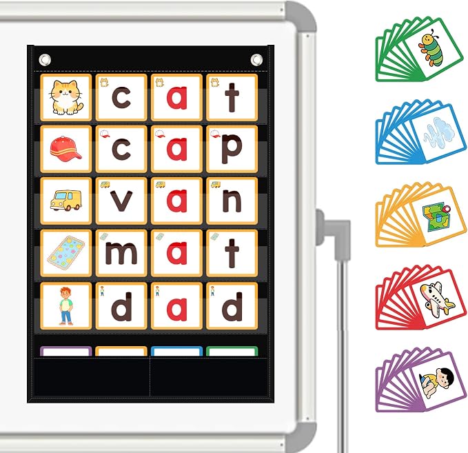 ANSTROUT CVC Word Building Pocket Chart with 144 Phonics Flash Cards,Magnetic Word Pocket Chart for Learning to Read CVC Words, Phonics Learning Tool for Preschool and Kindergarten Classrooms.(Black) by ANSTROUT
