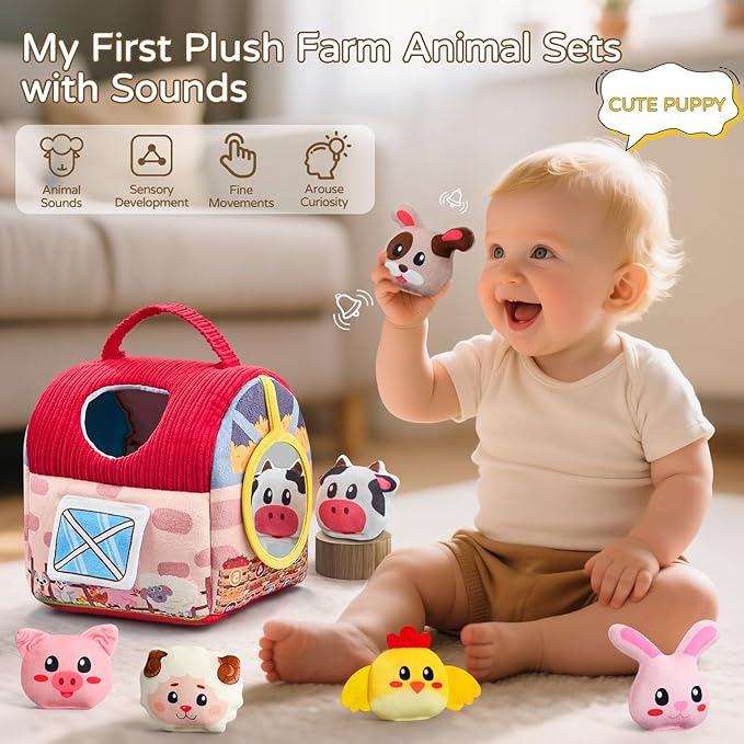 Baby Girl Toys 6-12 Months, Surprise Barn with 12 PCS Stuffed Farm Animals, Montessori Sensory Developmental Learning Toys for 6-12 Months, Ideals 6 7 8 9 Month Old Baby Boy Girl Gifts Toy