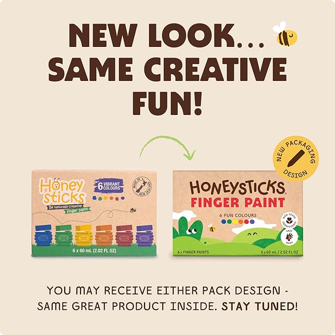 Honeysticks Non Toxic Finger Paint (6 Bright Colors), Washable from Skin, Safe Finger Painting for Toddlers, Kids Ages 1-3, 2-4, 3-5, Perfect First Paint for Little Artists Age 1+, Water Based, Eco