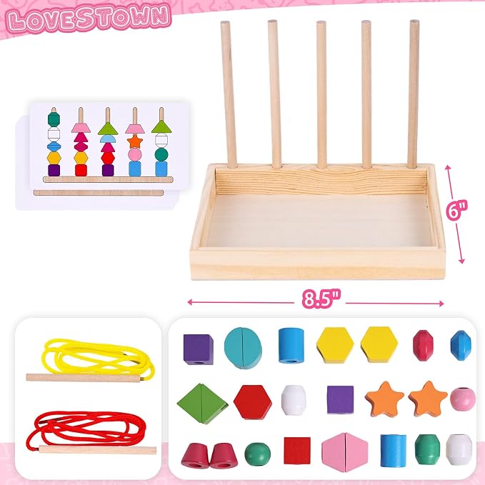LovesTown Beads Sequencing Toy, Wooden Shape Stacking, 8 Cards, Frame - Image 5
