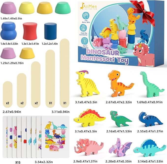 Montessori Dinosaur Toys for 1 2 3 4 Year Old Toddlers, Preschool Education Toys for Ages 2-4 Boys Girls Kids, Wooden Dinosaur Blocks Sorting & Stacking & Balance Toy, Educational Birthday Gift - Image 6