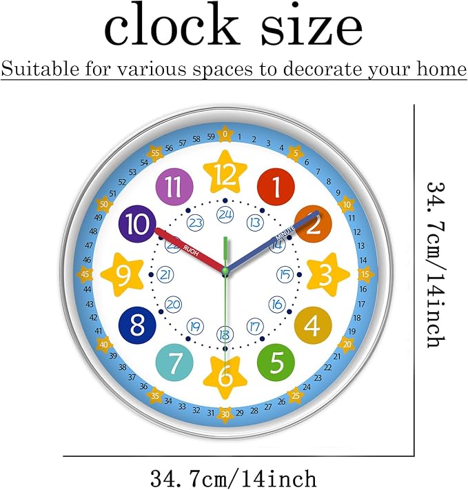 XFM Blue Kids Wall Clock 14 Inch for Children Bedroom Classroom - Image 6