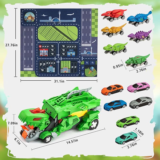 Dinosaur Toys Car for Kids 3-8 Year Old Boy Gift, Toddler Toys for 3 4 5 6 Years Old Boys & Girls Transport Dino Truck with 12 mini Cars & City Map Birthday for Kids