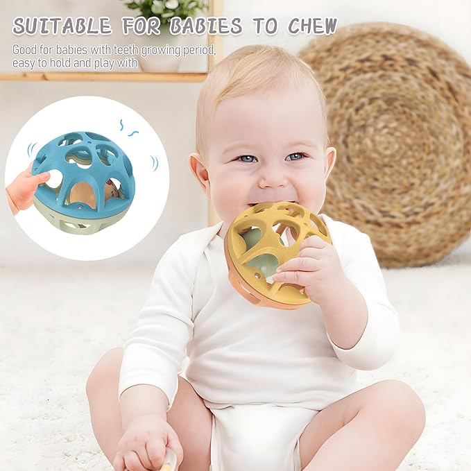 Baby Rattle Ball, Baby Teething Sensory Montessori Toys Soft Chew Toy with Rattles for Babies, Safe Wheat Straw Travel Toys Newborn Gift for Infant Boys Girls 3 6 7 8 9 10 11 12 Months