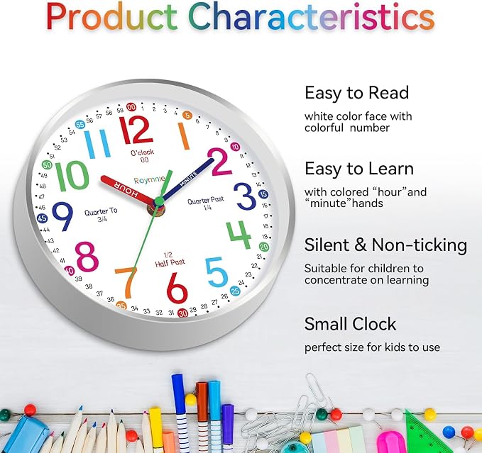 Roymnie 14" Wall Clock for Kids Learning Silent Battery Operated Teaching - Image 6