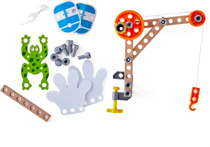 Hape Three Experiment Kit | Junior Inventor Kids Physics Mechanical Crane, Grabber & Climbing Frog Play Set for Children Aged Four & Up by Unknown