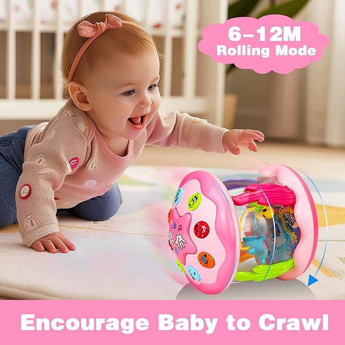 Hapyland Baby Toys 6-12 Months Girl Gifts: Babies Ocean Rotating Light Up Musical Toys for Toddlers 1 2 Year Old Crawling Learning Infant Toy 6 7 8 9 10 11 12 Months Old Baby Girl Gift (Pink)