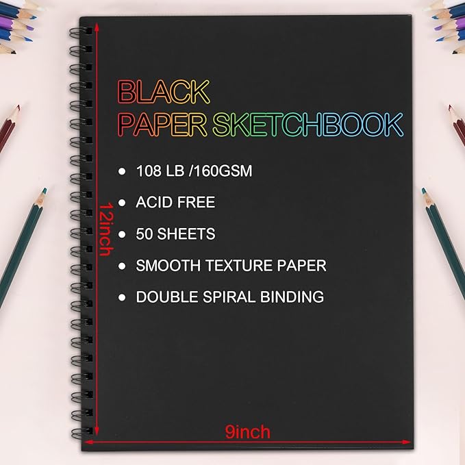 100 Sheets Black Paper Sketchbook(2 Pack), 108 lb/160gsm Heavyweight Black Sketch Pad 9×12in, Acid-Free Drawing Paper, Spiral Bound Sketch Book for Kids, Teens, Artist.