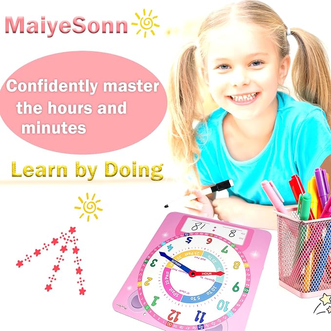 Teaching Clocks for Kids, Large Magnetic Writable Dry Erase Learning Clock with Pen,12" Teaching Demonstration Clock Learning Time to Tell Time for Kids Home School Classroom Supplies-Pink - Image 8